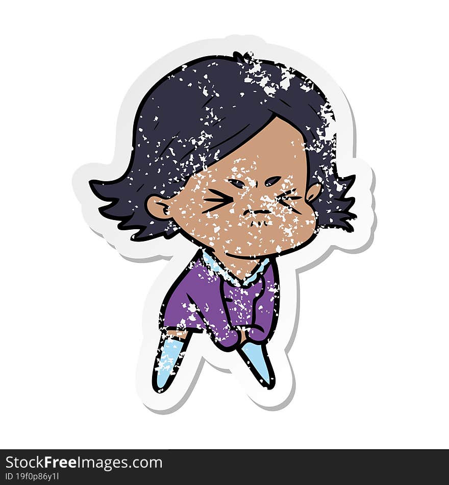 Distressed Sticker Of A Cartoon Angry Woman