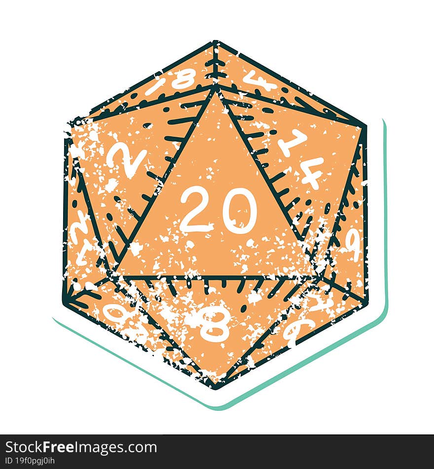 distressed sticker tattoo style icon of a d20 dice