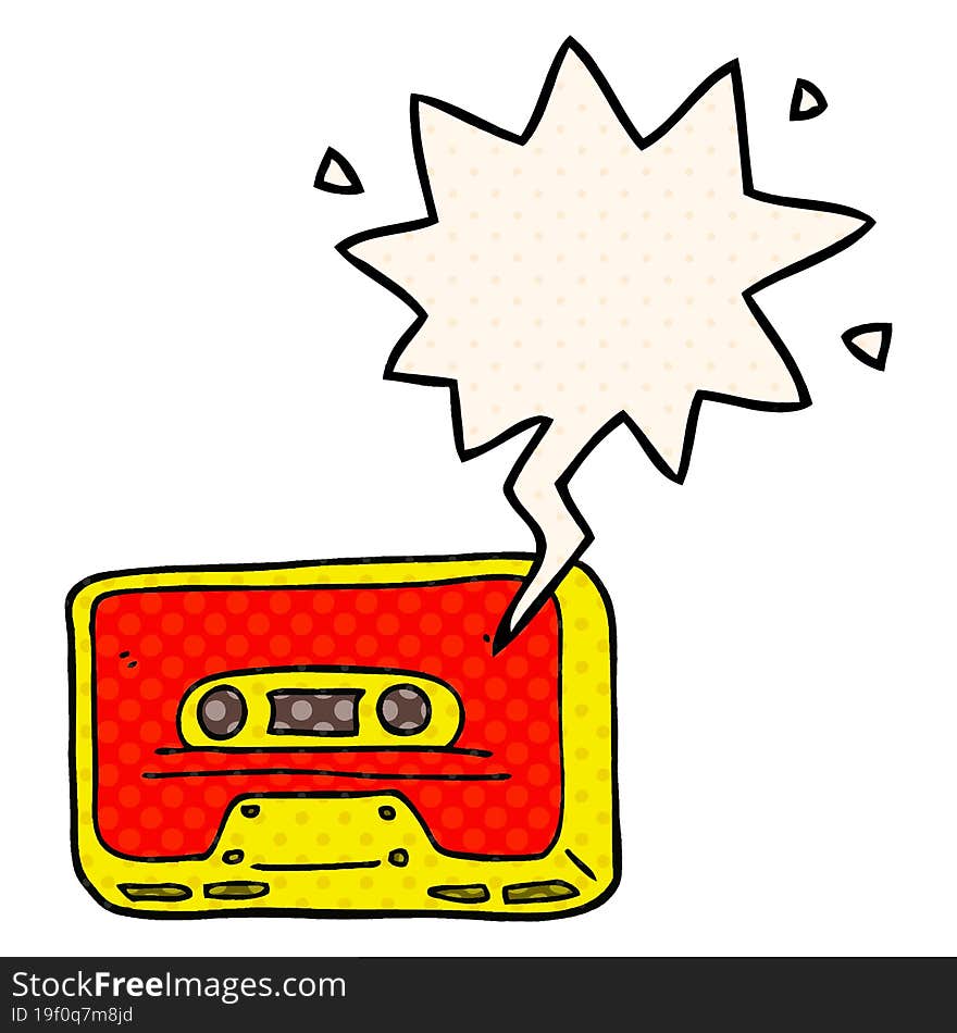 cartoon old tape cassette with speech bubble in comic book style