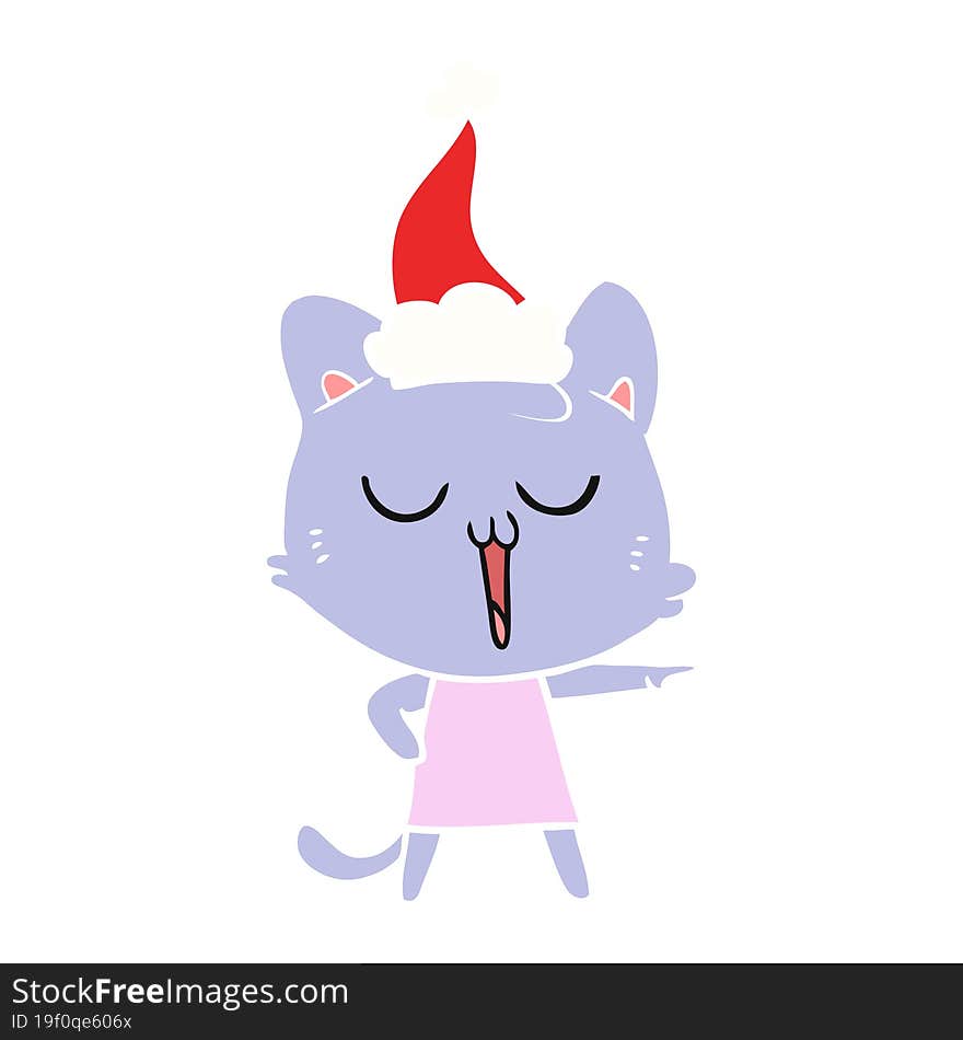 hand drawn flat color illustration of a cat singing wearing santa hat