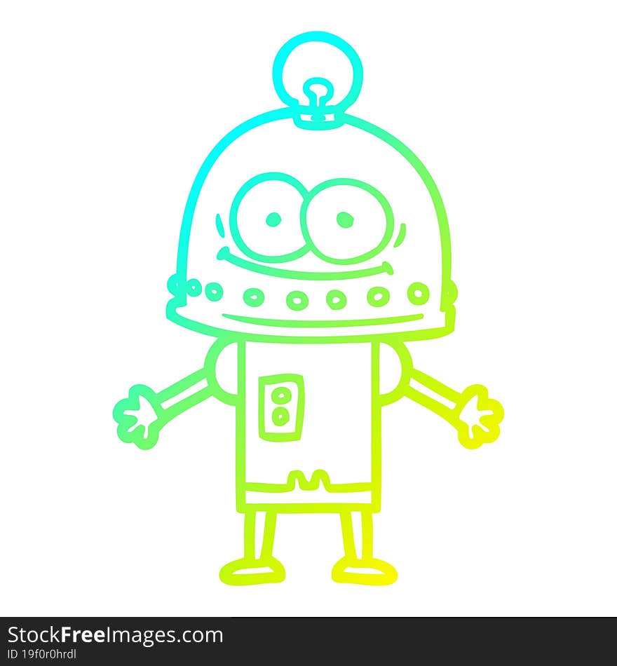 cold gradient line drawing happy carton robot with light bulb