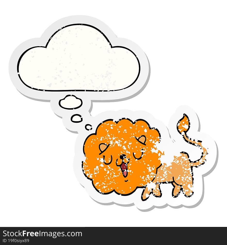 cute cartoon lion and thought bubble as a distressed worn sticker