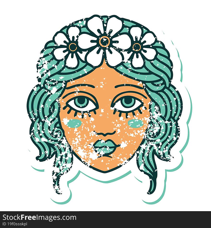 Distressed Sticker Tattoo Style Icon Of Female Face With Crown Of Flowers