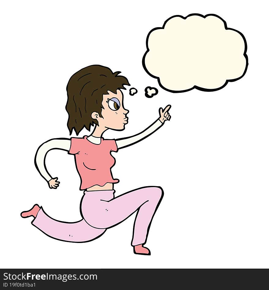 Cartoon Woman Running And Pointing With Thought Bubble