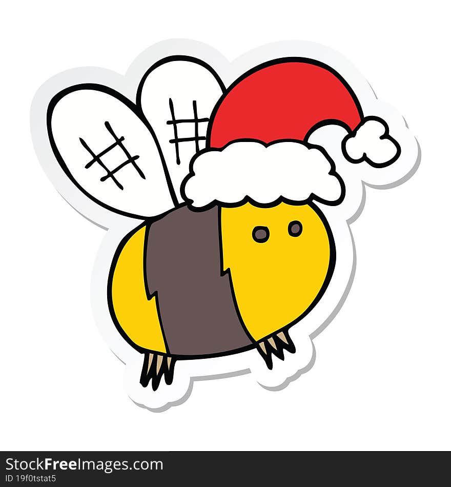 Sticker Of A Cute Cartoon Bee Wearing Christmas Hat