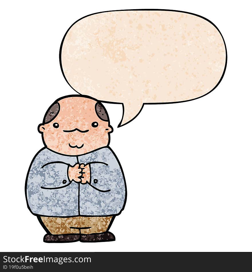 Cartoon Balding Man And Speech Bubble In Retro Texture Style