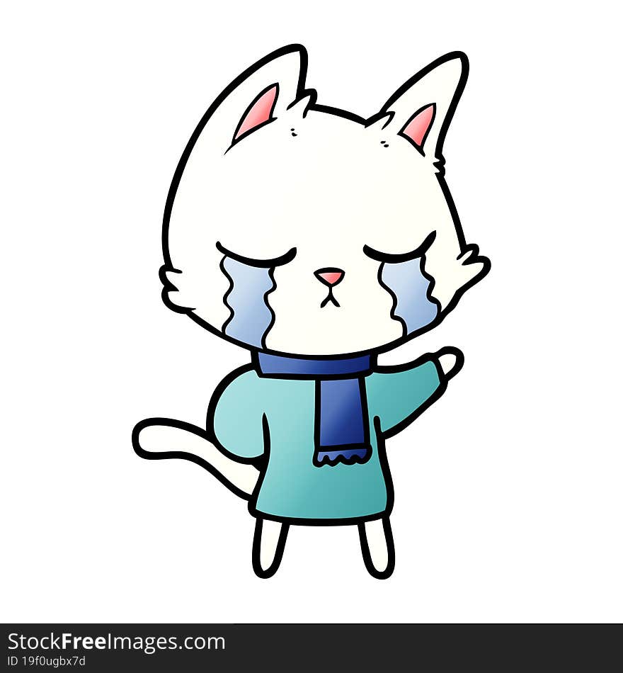 crying cartoon cat wearing winter clothes. crying cartoon cat wearing winter clothes