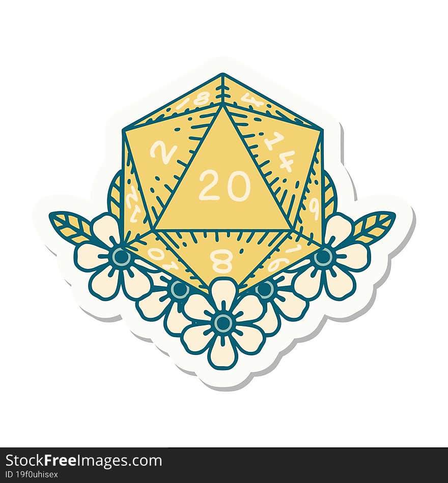 Natural 20 D20 Dice Roll With Floral Elements Sticker