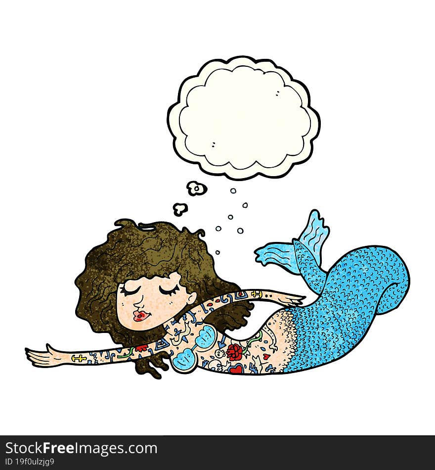 cartoon mermaid covered in tattoos with thought bubble