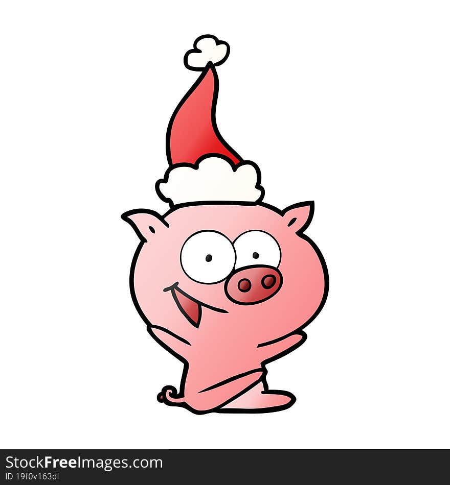 cheerful sitting pig gradient cartoon of a wearing santa hat