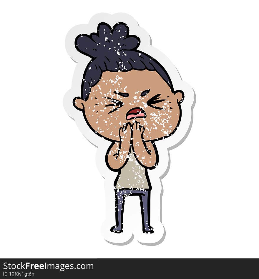 distressed sticker of a cartoon angry woman