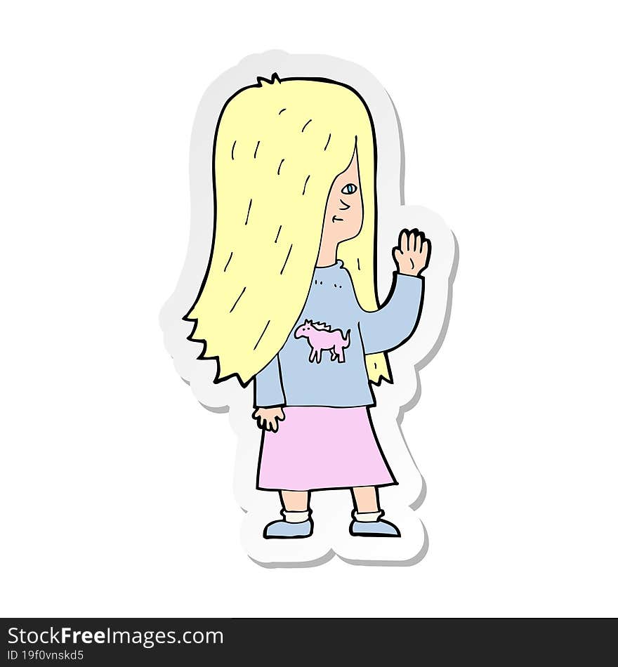 sticker of a cartoon girl with pony shirt waving