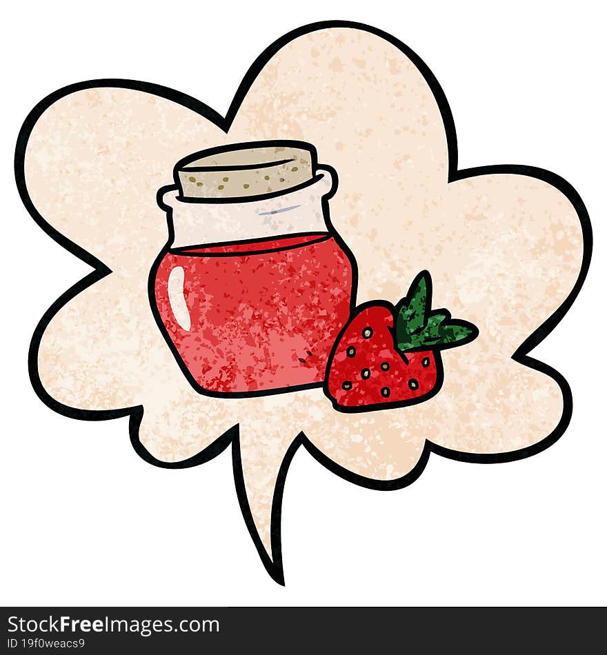 cartoon jar of strawberry jam and speech bubble in retro texture style