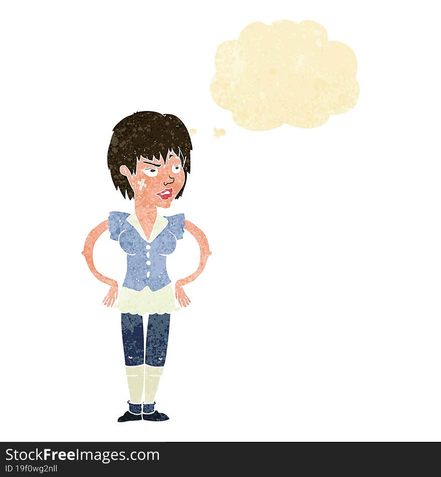 cartoon tough woman with hands on hips with thought bubble