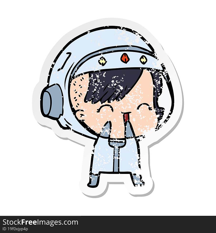 distressed sticker of a cartoon laughing astronaut girl