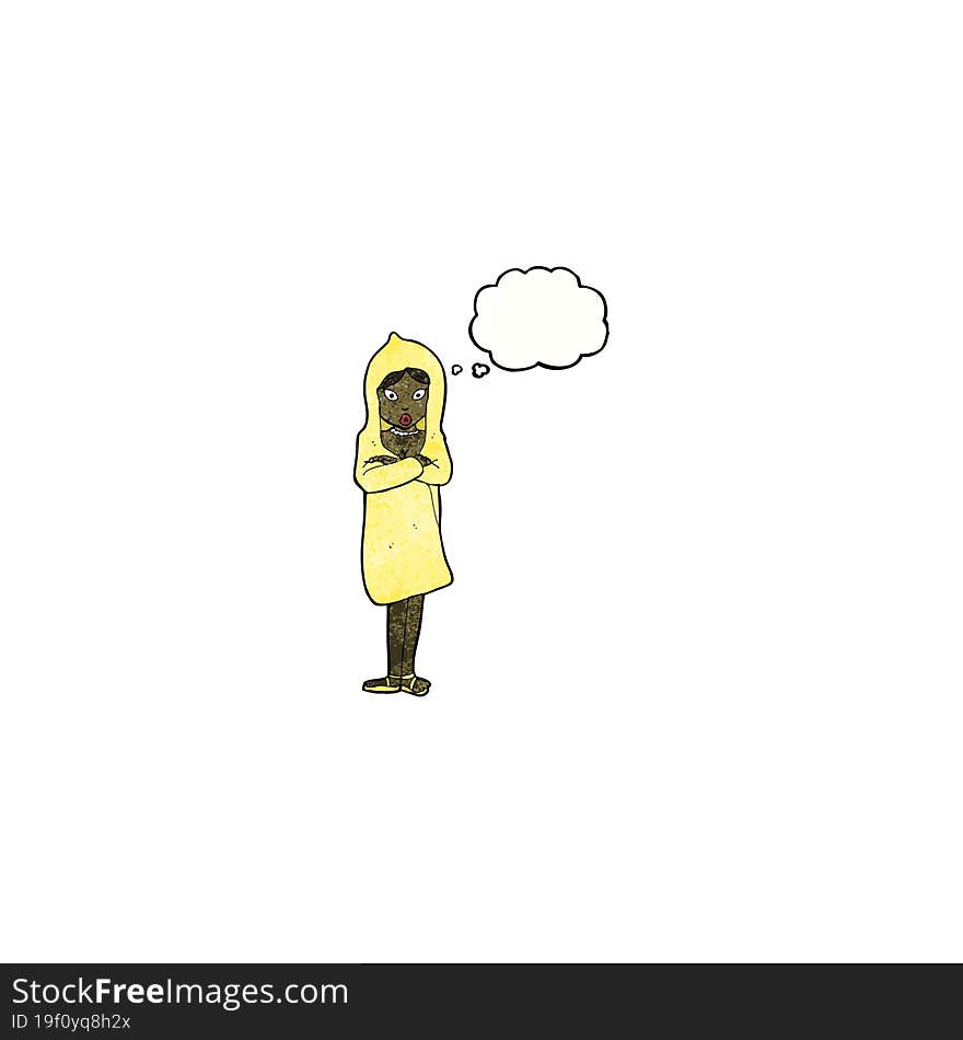 cartoon woman in raincoat