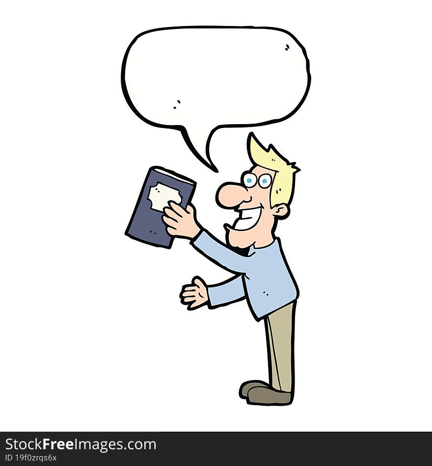 cartoon man with book with speech bubble