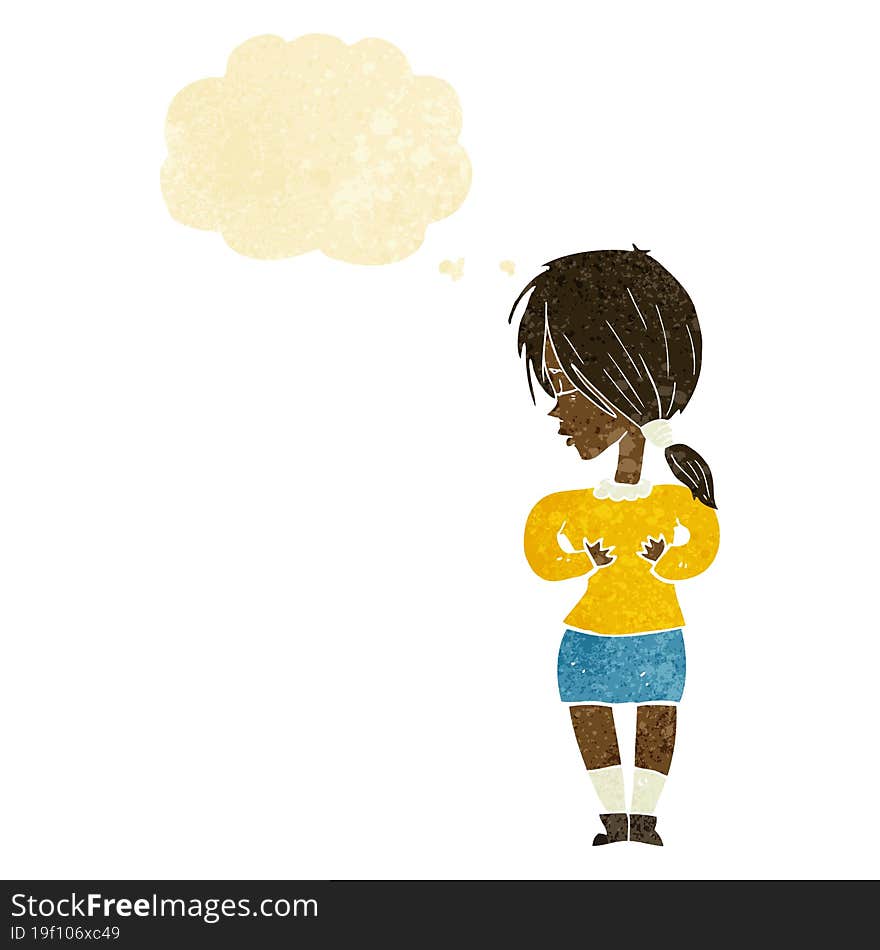 cartoon shy woman with thought bubble