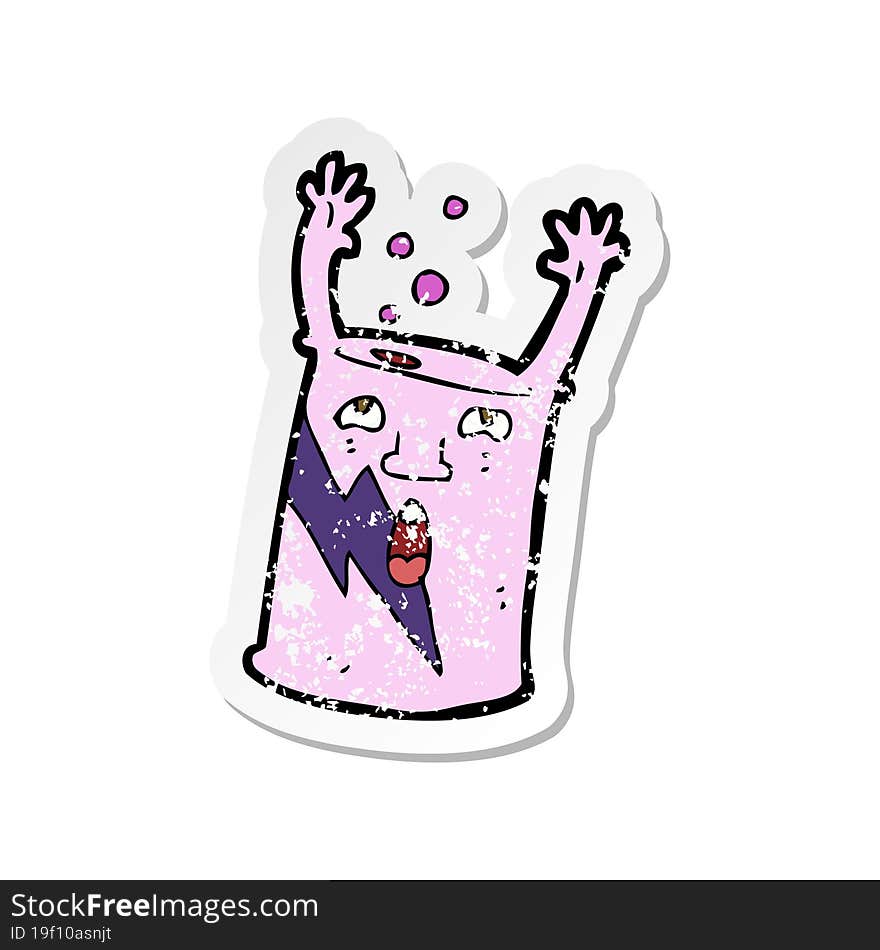 retro distressed sticker of a cartoon soda can character