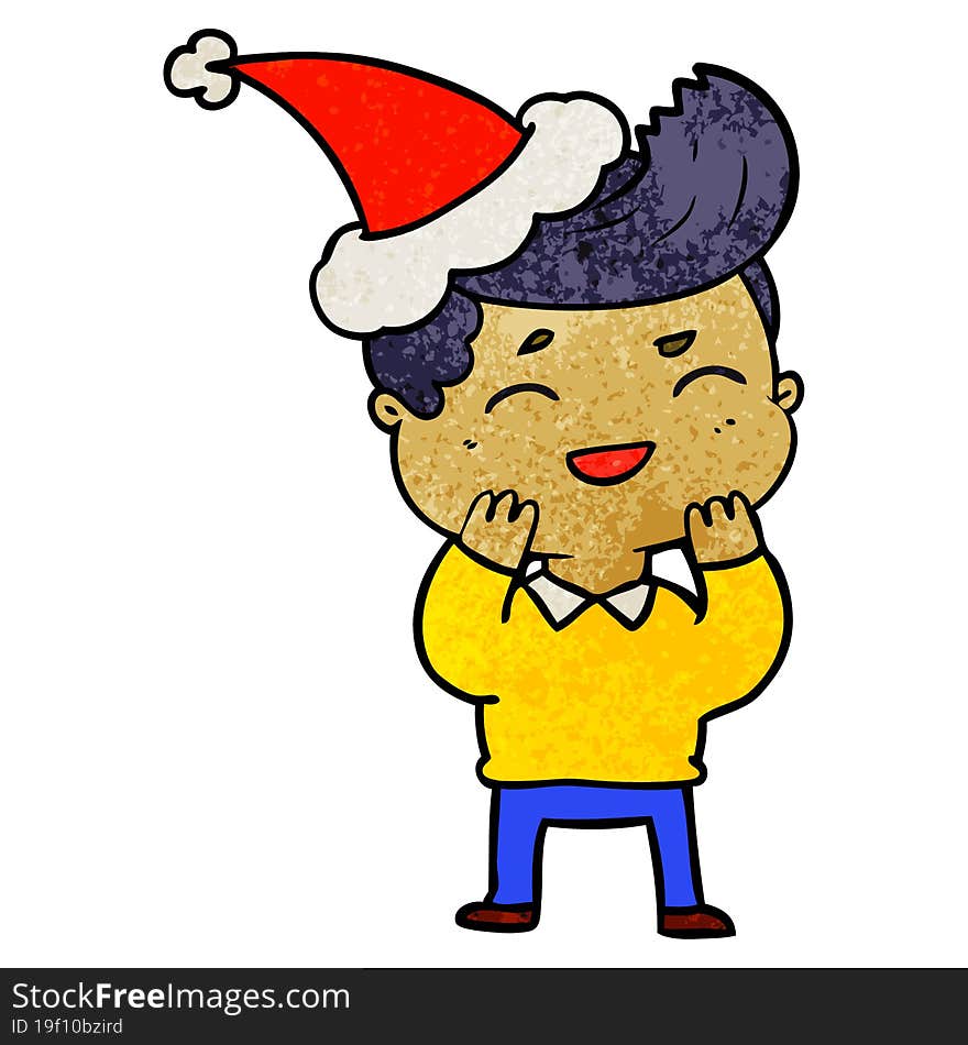 hand drawn textured cartoon of a man laughing wearing santa hat