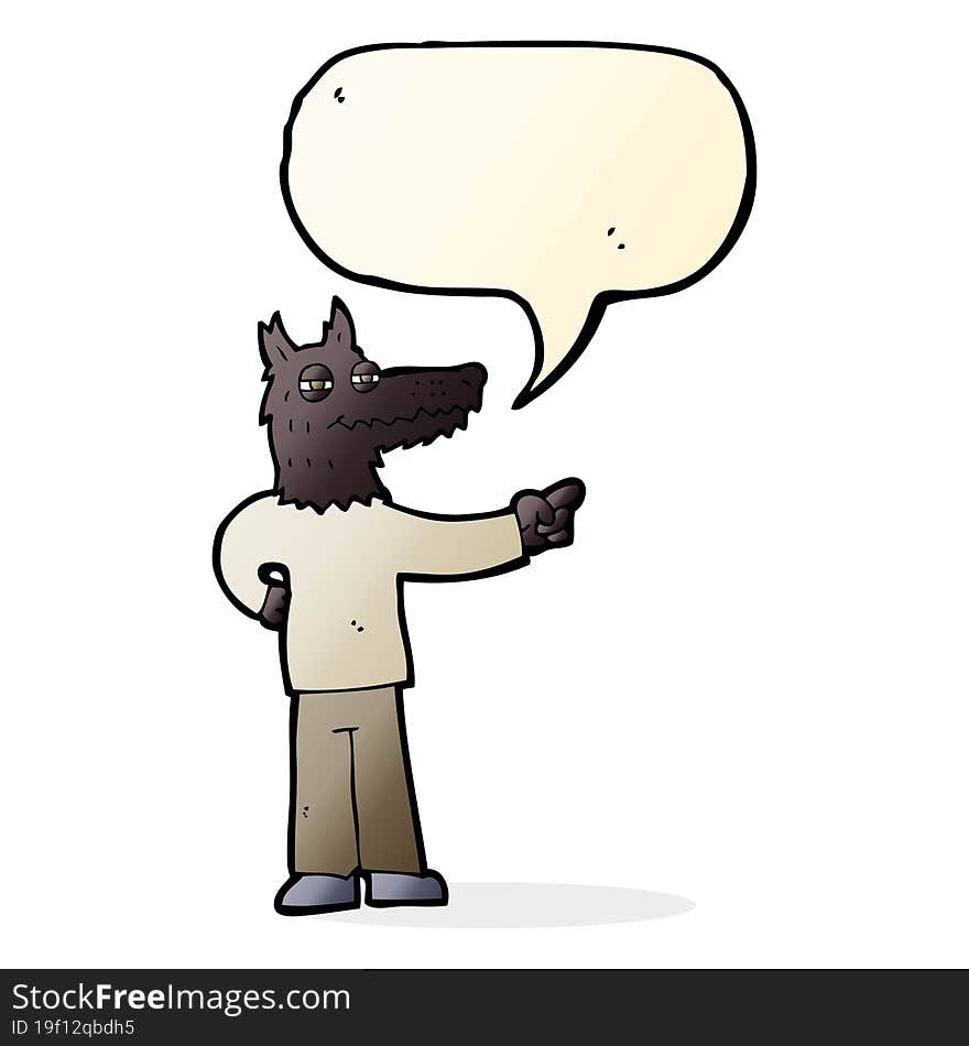 cartoon pointing wolf man with speech bubble