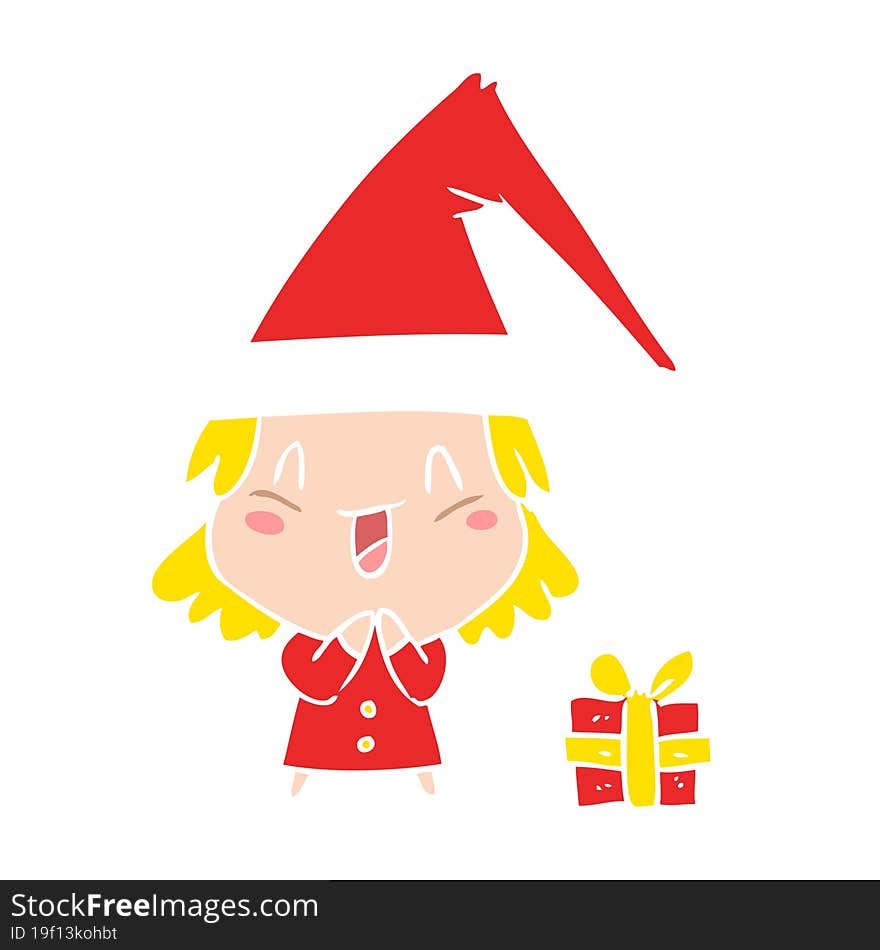 flat color style cartoon girl wearing christmas hat