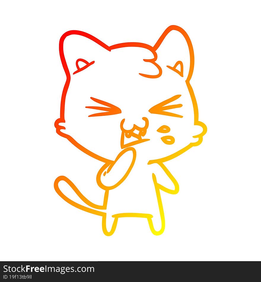 warm gradient line drawing of a cartoon cat hissing