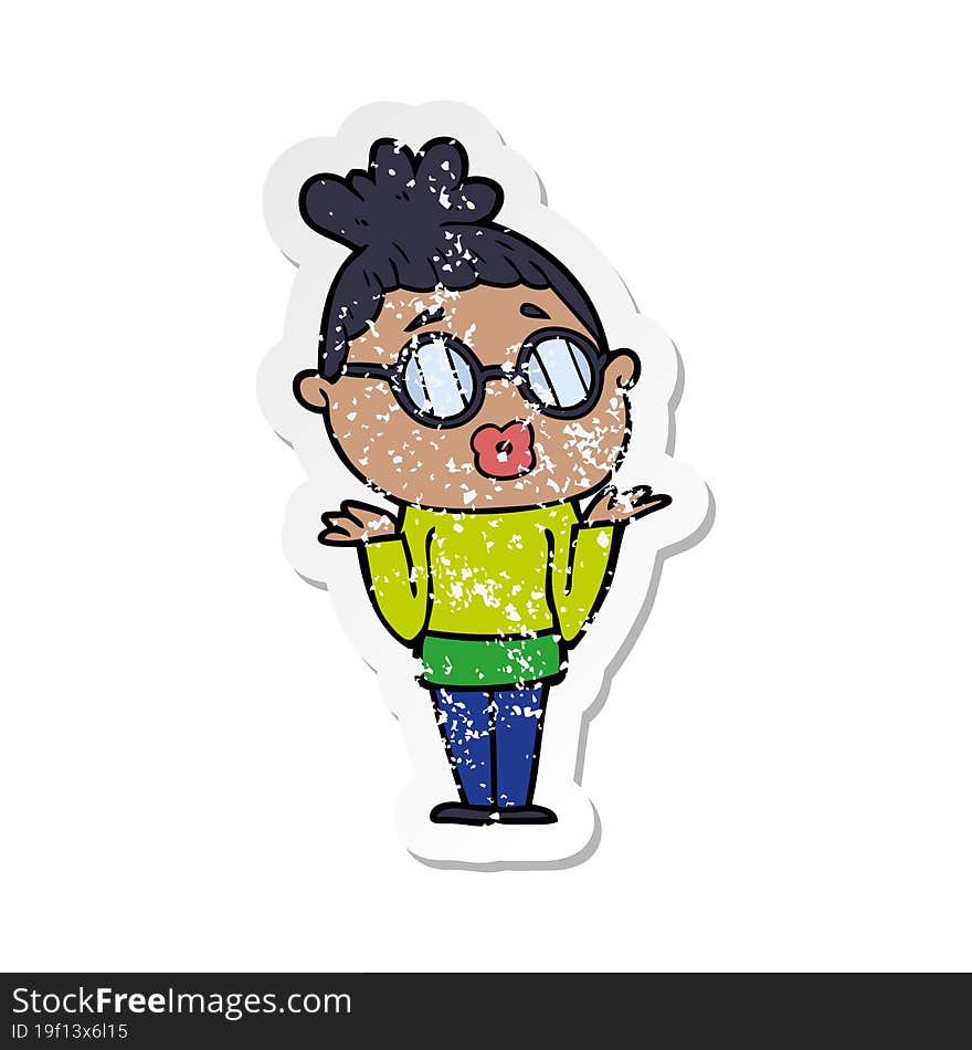 Distressed Sticker Of A Cartoon Confused Woman Wearing Spectacles