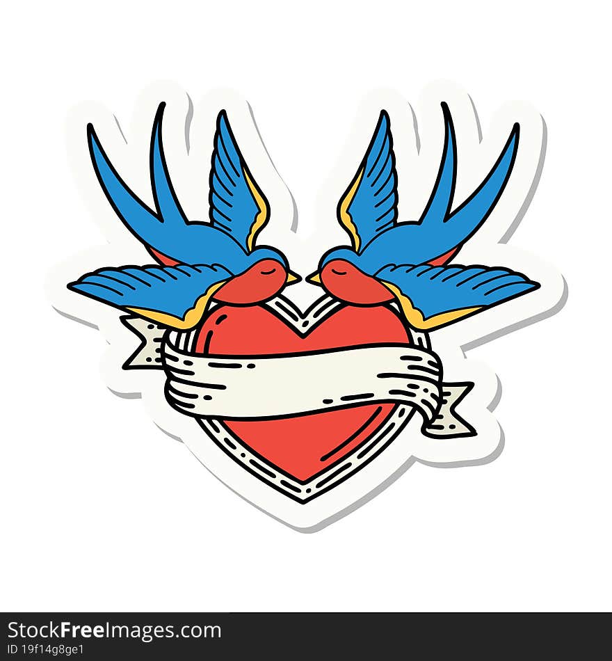 sticker of tattoo in traditional style of swallows and a heart with banner. sticker of tattoo in traditional style of swallows and a heart with banner