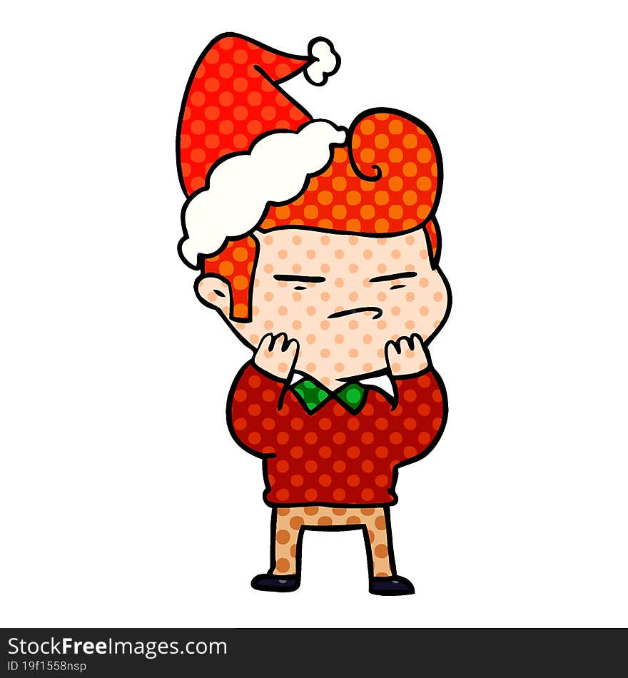 Comic Book Style Illustration Of A Cool Guy With Fashion Hair Cut Wearing Santa Hat