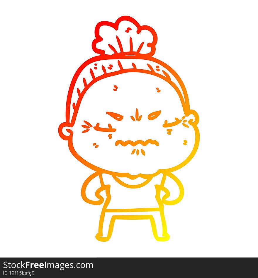 warm gradient line drawing of a cartoon annoyed old lady