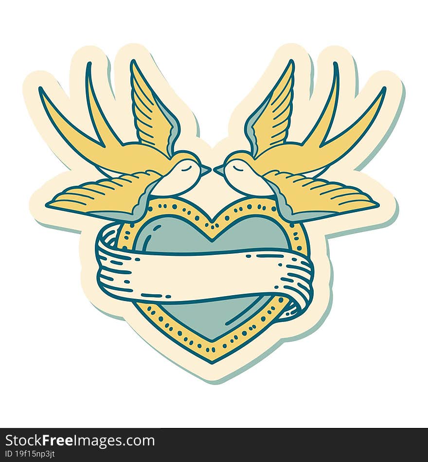 Tattoo Style Sticker Of A Swallows And A Heart With Banner