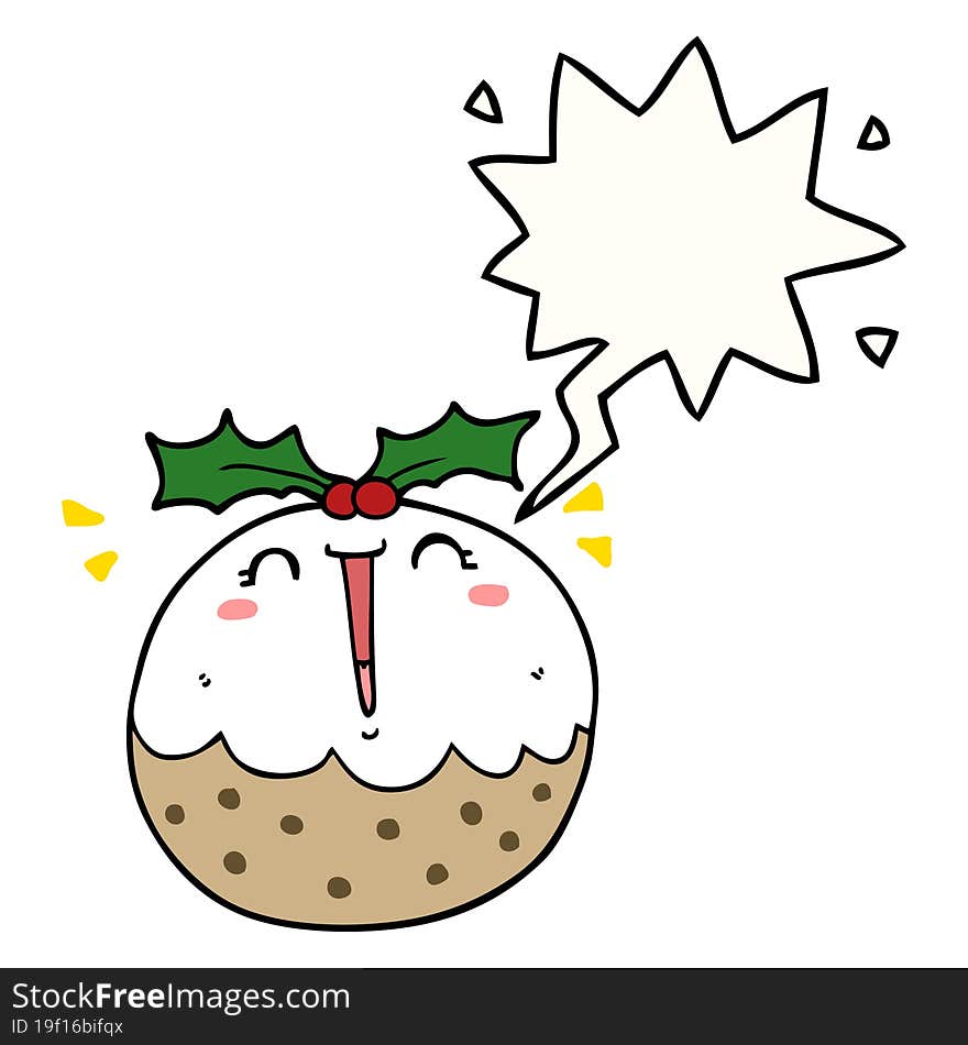 Cute Cartoon Christmas Pudding And Speech Bubble