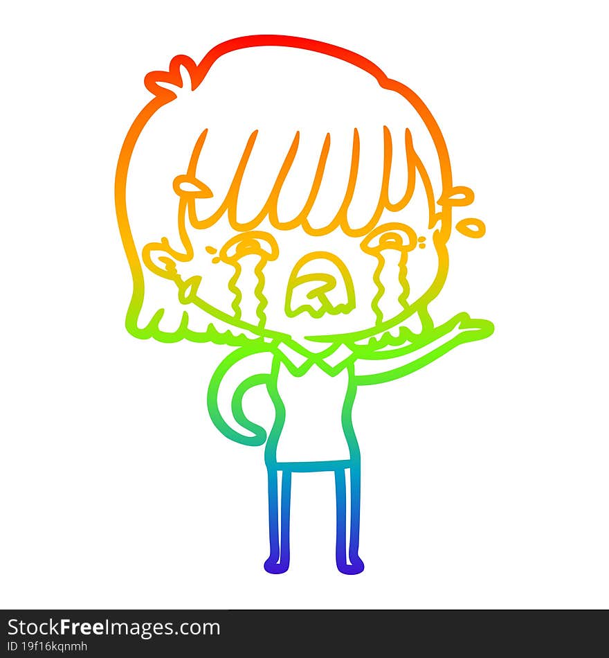 rainbow gradient line drawing of a cartoon girl crying