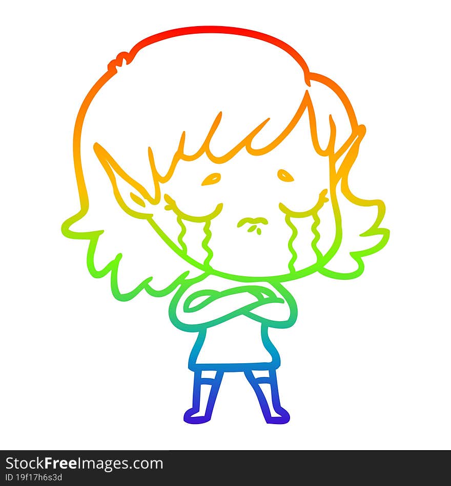 Rainbow Gradient Line Drawing Cartoon Crying Elf Girl