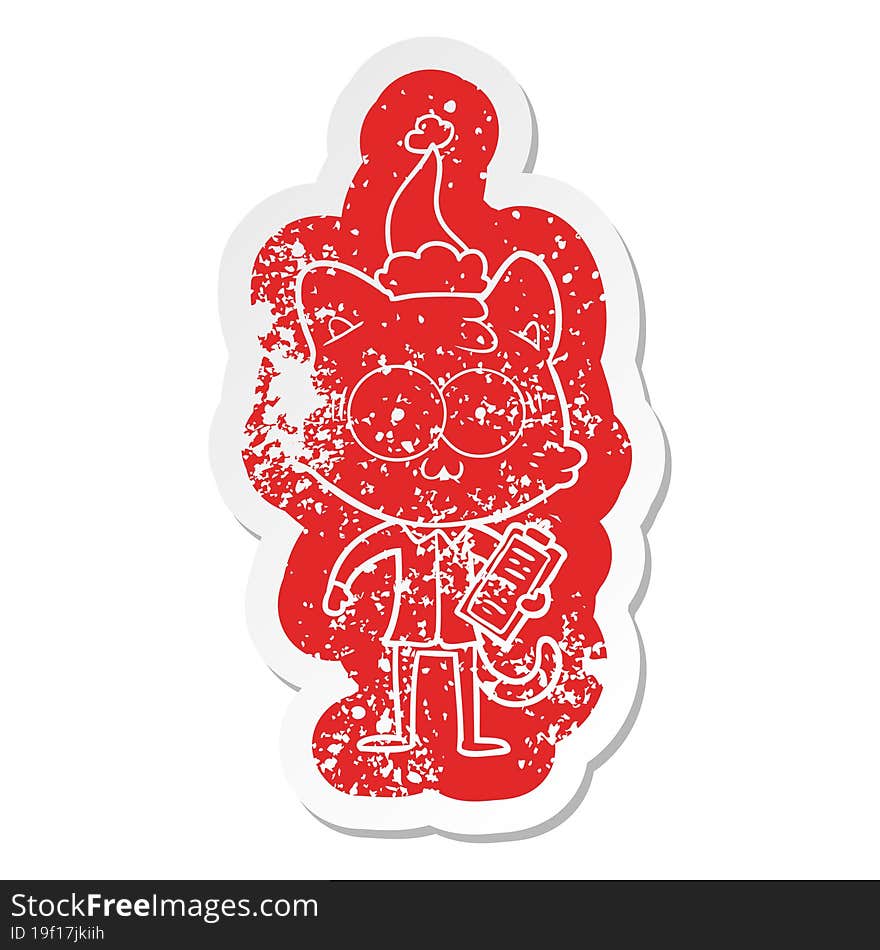 quirky cartoon distressed sticker of a surprised office worker cat wearing santa hat