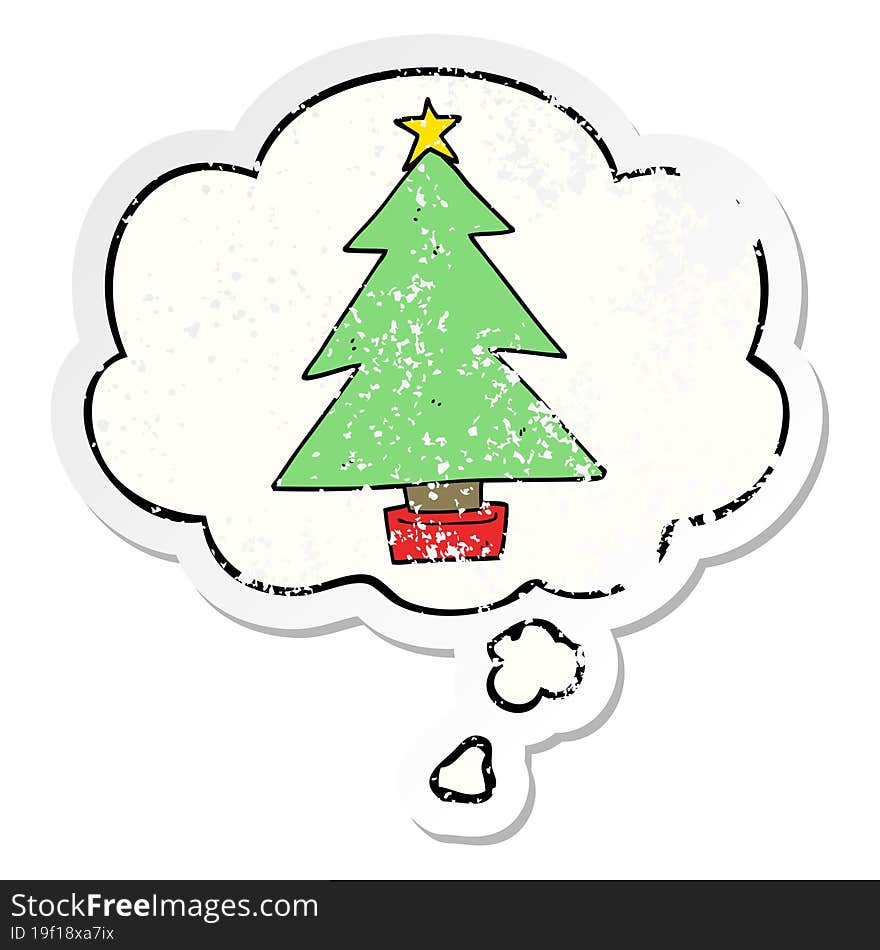 cartoon christmas tree and thought bubble as a distressed worn sticker