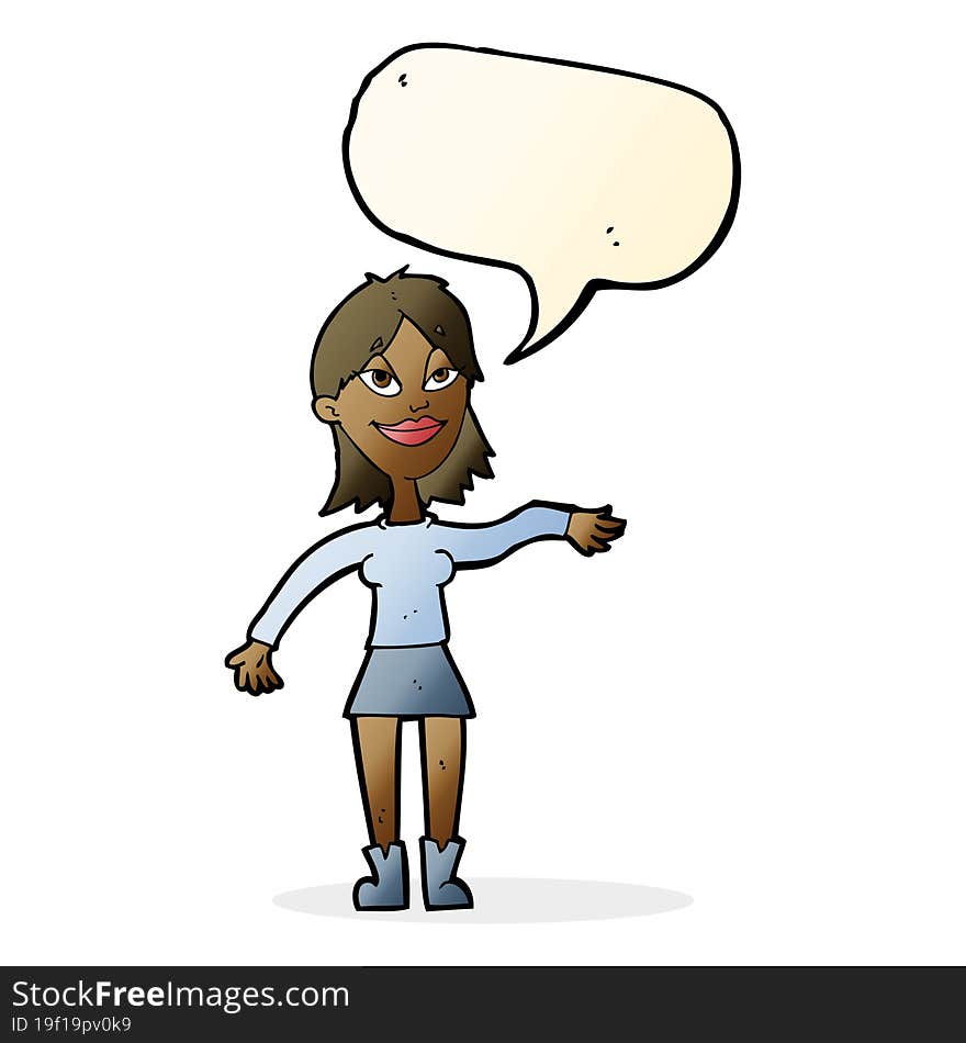 cartoon woman making hand gesture with speech bubble