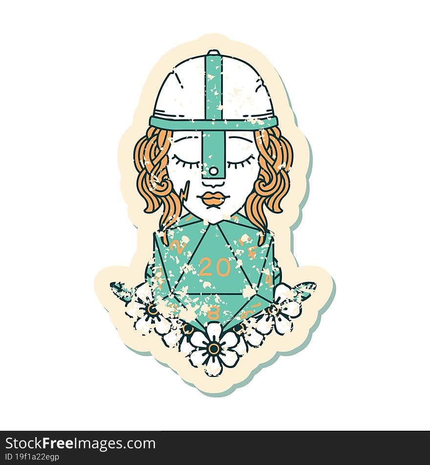 grunge sticker of a human fighter with natural 20 D20 dice roll. grunge sticker of a human fighter with natural 20 D20 dice roll