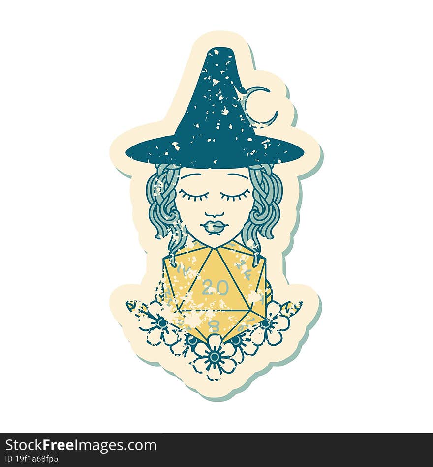 grunge sticker of a human witch with natural twenty dice roll. grunge sticker of a human witch with natural twenty dice roll