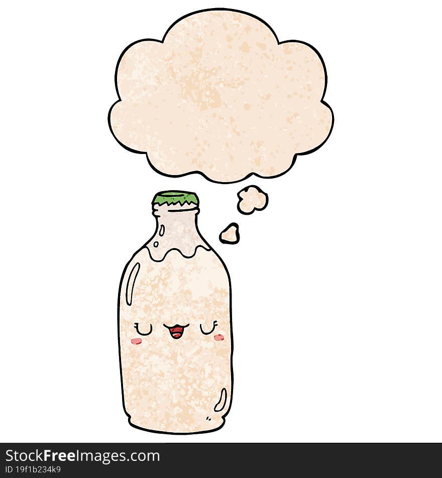 cute cartoon milk bottle with thought bubble in grunge texture style. cute cartoon milk bottle with thought bubble in grunge texture style