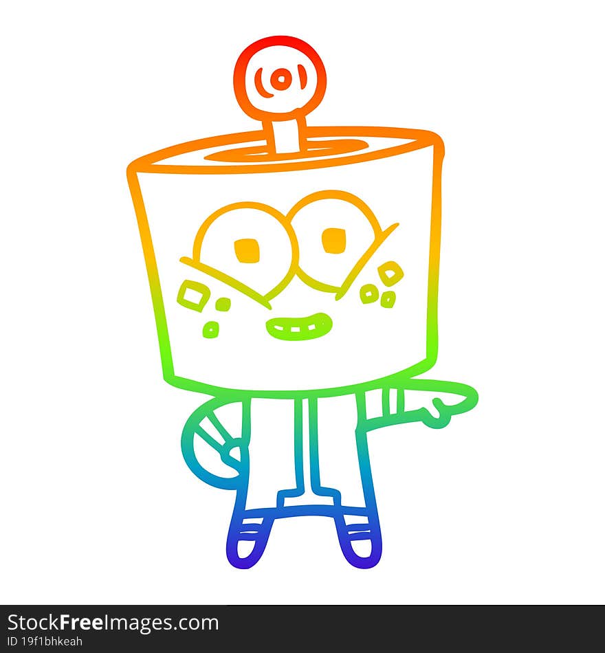 rainbow gradient line drawing of a happy cartoon robot pointing