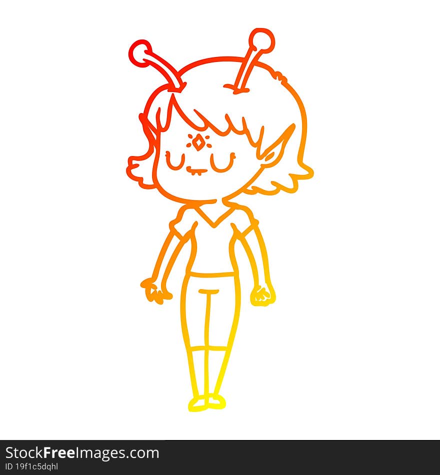 warm gradient line drawing of a cartoon alien girl