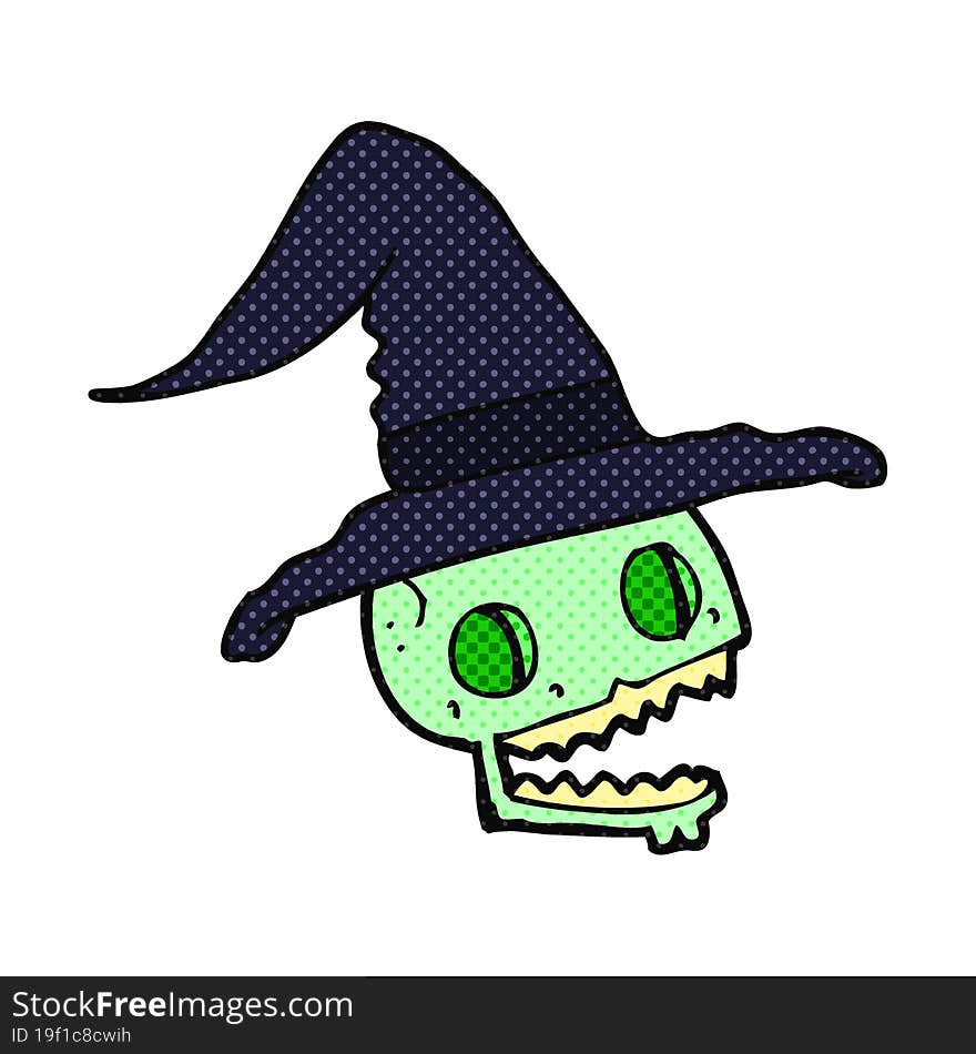 freehand drawn comic book style cartoon skull wearing witch hat