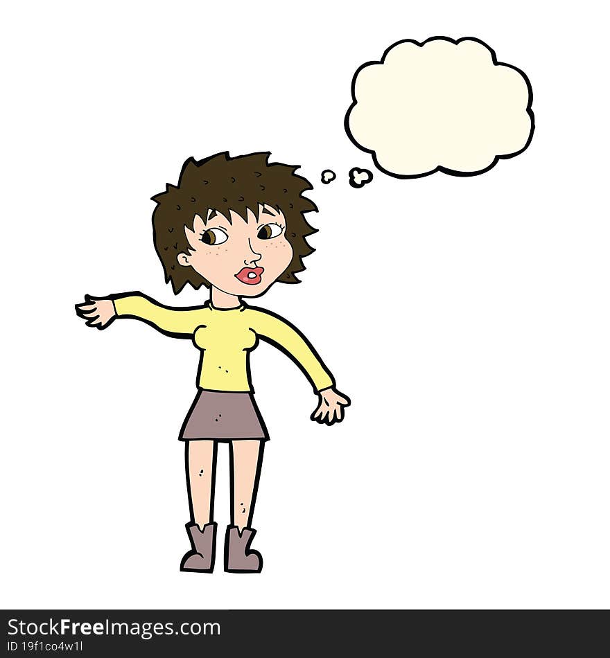 Cartoon Friendly Woman Waving With Thought Bubble