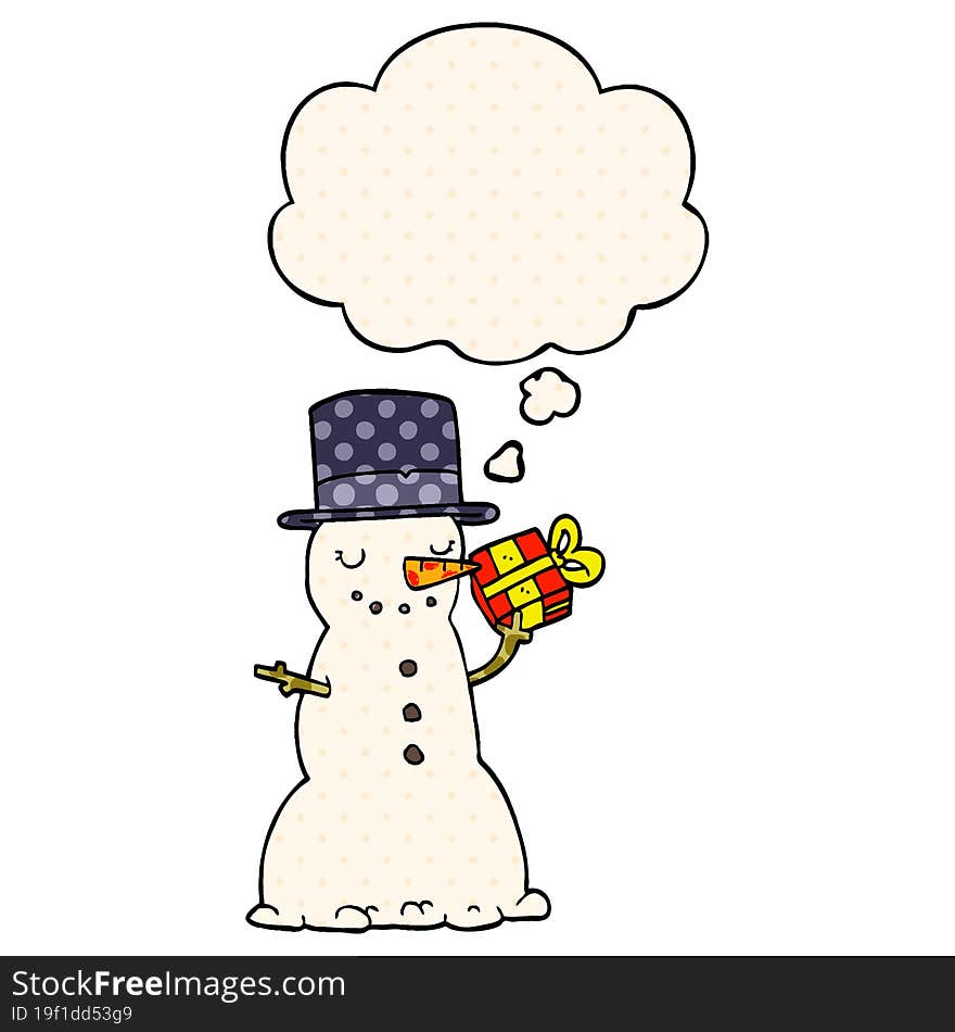 Cartoon Christmas Snowman And Thought Bubble In Comic Book Style