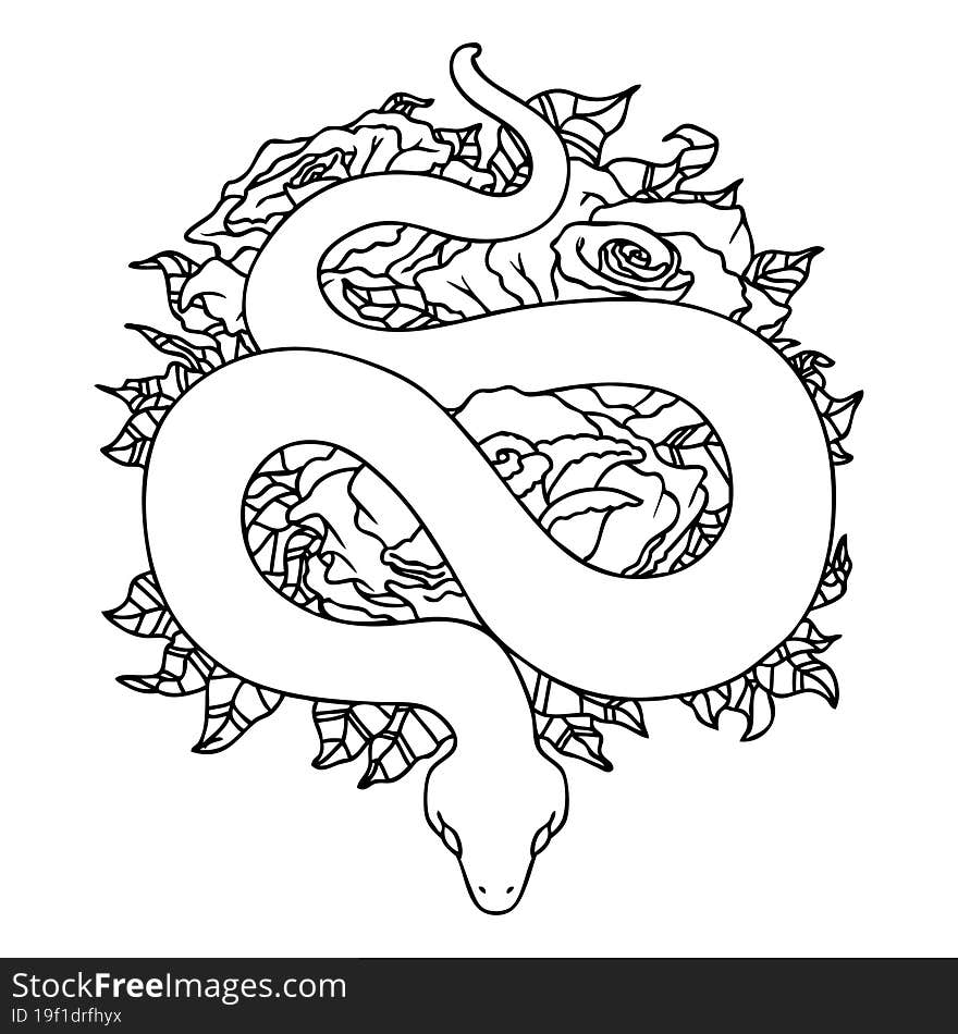 Black Line Tattoo Of A Snake And Roses