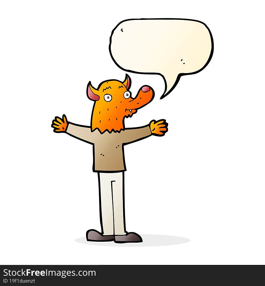 cartoon friendly fox person with speech bubble