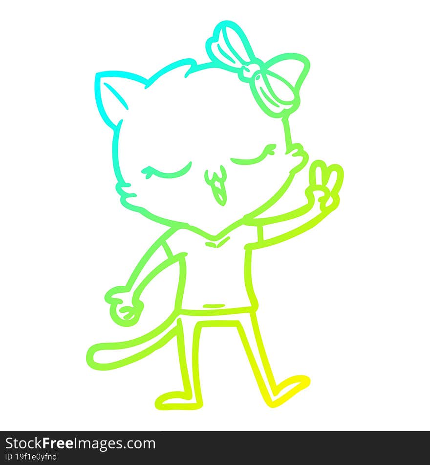 Cold Gradient Line Drawing Cartoon Cat With Bow On Head Giving Peace Sign