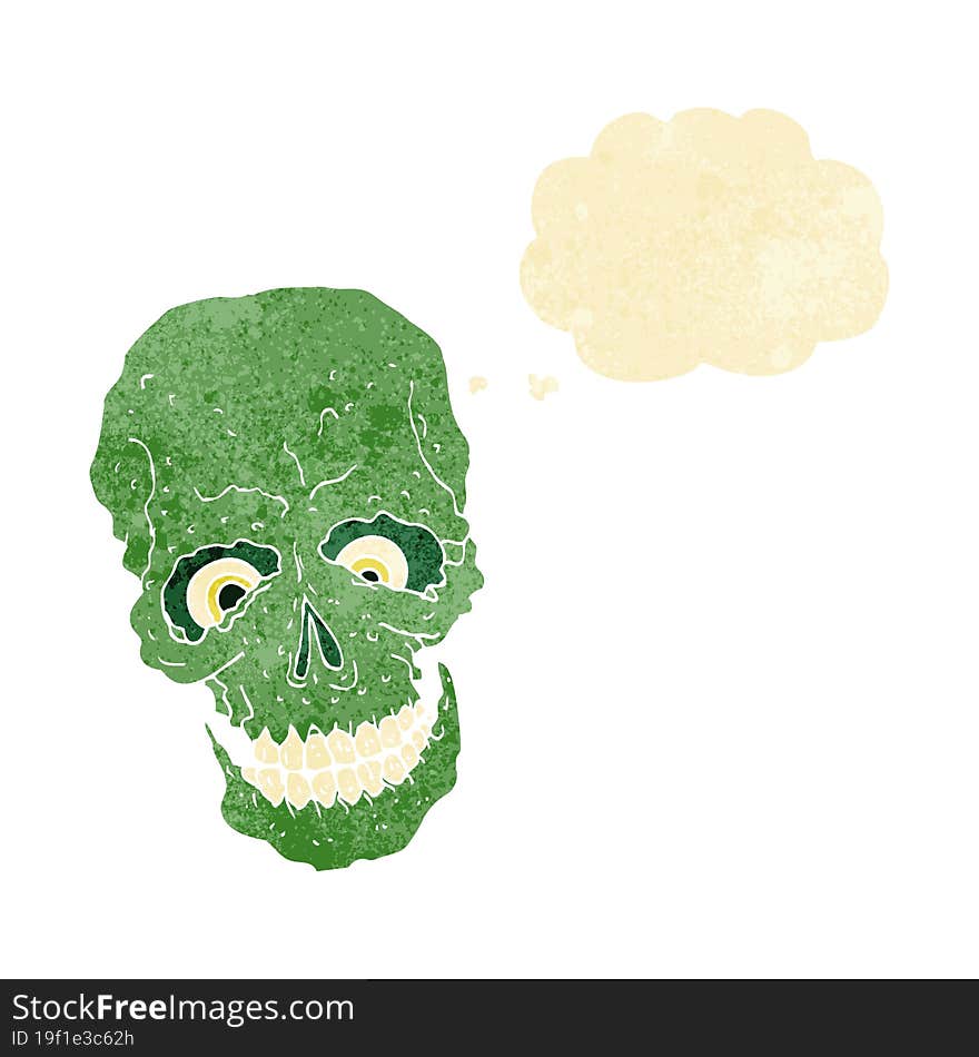 cartoon spooky skull with thought bubble